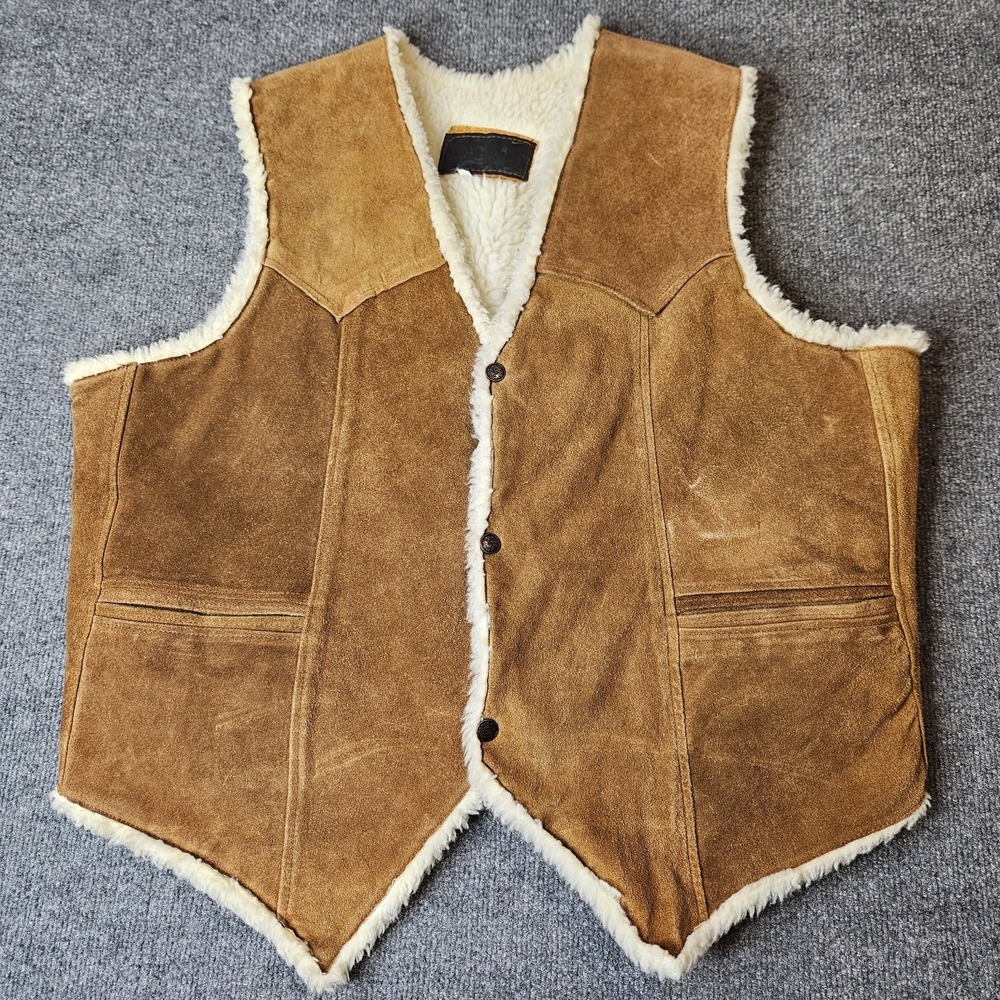 Vintage LLB Mens Western Suede Vest Sherpa Lined Size 46 Tan Cowboy
